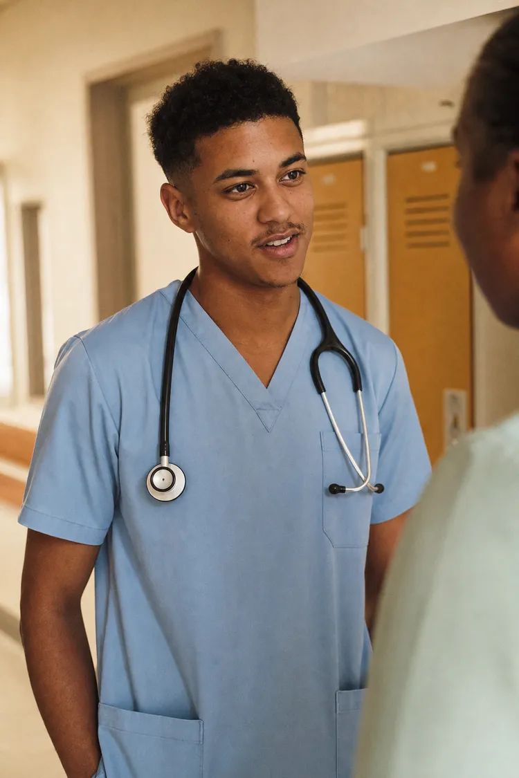 A young Coloured male medical student in scrubs with a stethoscope, standing in a softly lit ward corridor mid-conversation.