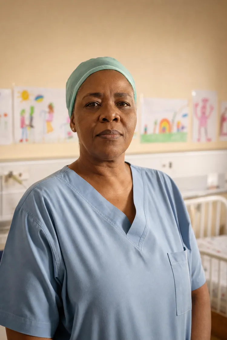A confident African woman in her late 40s, a paediatric surgeon, wearing scrubs and a surgical cap pulled back, standing in a paediatric ward lined with children's drawings.